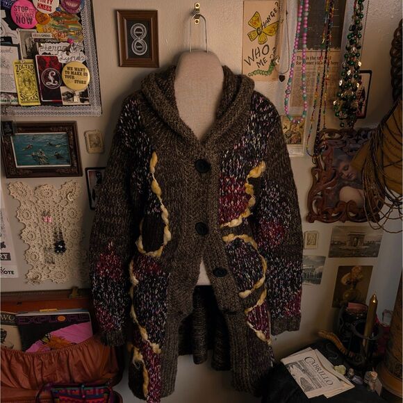 Vintage Sweaters - Chunky Knit Hooded Long Cardigan Women's Medium Brown Multicolor Bohemian